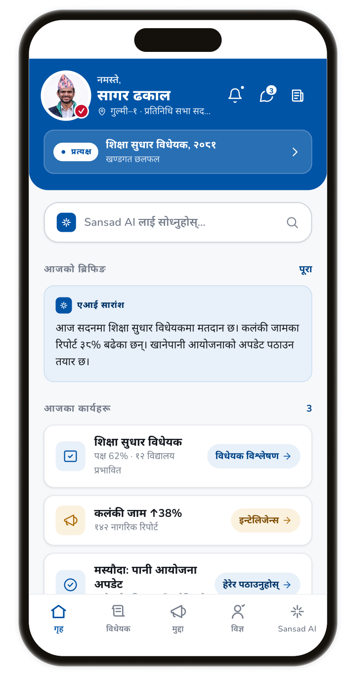 Sansad Nepal — home dashboard with AI briefing and daily agenda